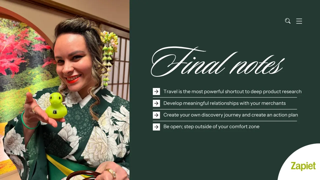 Final notes slide: Emili in Japan holding a small green rubber duck with a Shopify logo, beside the four closing takeaways.