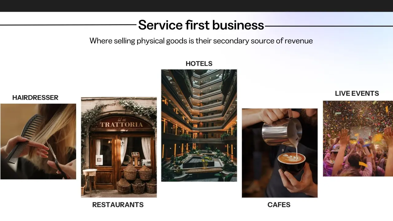 Service first business: hairdresser, restaurants, hotels, cafes, and live events, where selling physical goods is a secondary source of revenue.