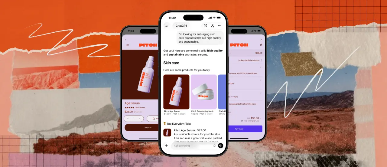 Shopify Agentic Storefronts: shopping journey from product page to AI chat recommendation to checkout