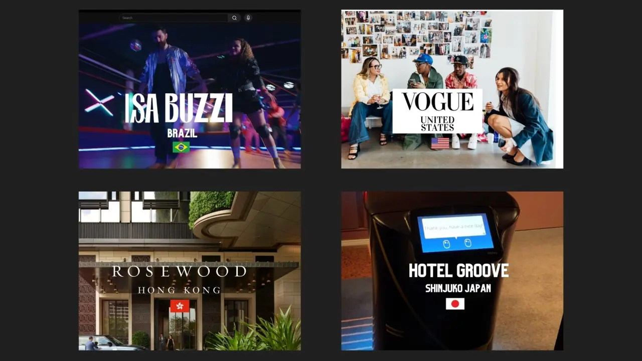 Four unexpected moments: Isa Buzzi's music video in Brazil, a Vogue United States feature, the Rosewood Hong Kong hotel, and a delivery robot at Hotel Groove in Shinjuku, Japan.