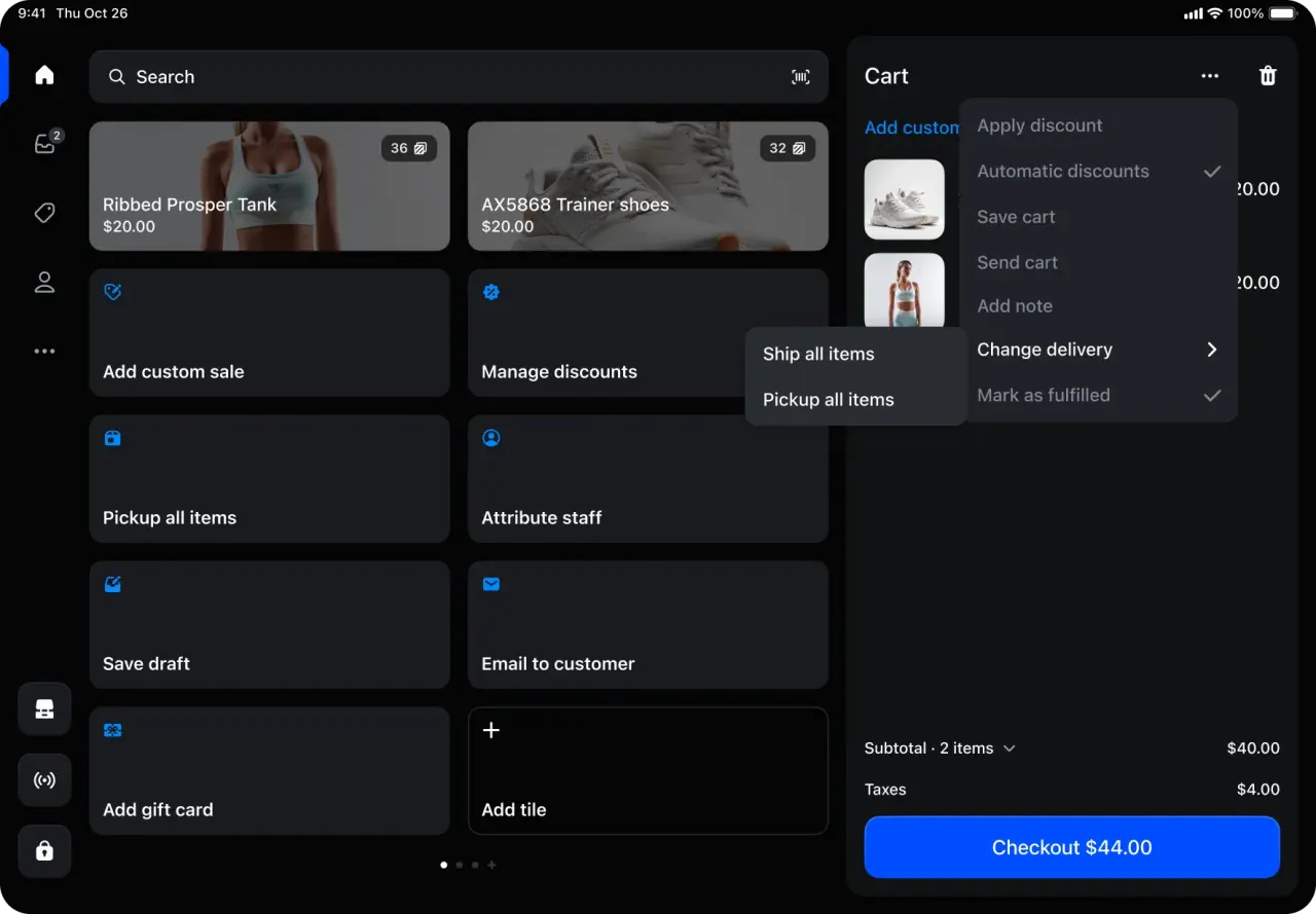 Shopify POS cart with the option to switch all items to in-store pickup
