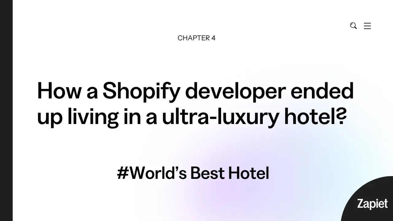 Chapter 4 title slide: How a Shopify developer ended up living in an ultra-luxury hotel? #World's Best Hotel.