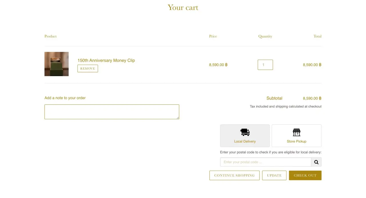 `Zapiet Pickup and Delivery widget on Mandarin Oriental Shopify checkout page showing local delivery and store pickup options.`